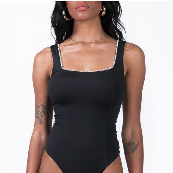 Princess Polly Tops - Princess Polly | Dayrell Black Bodysuit with Pearl Trim